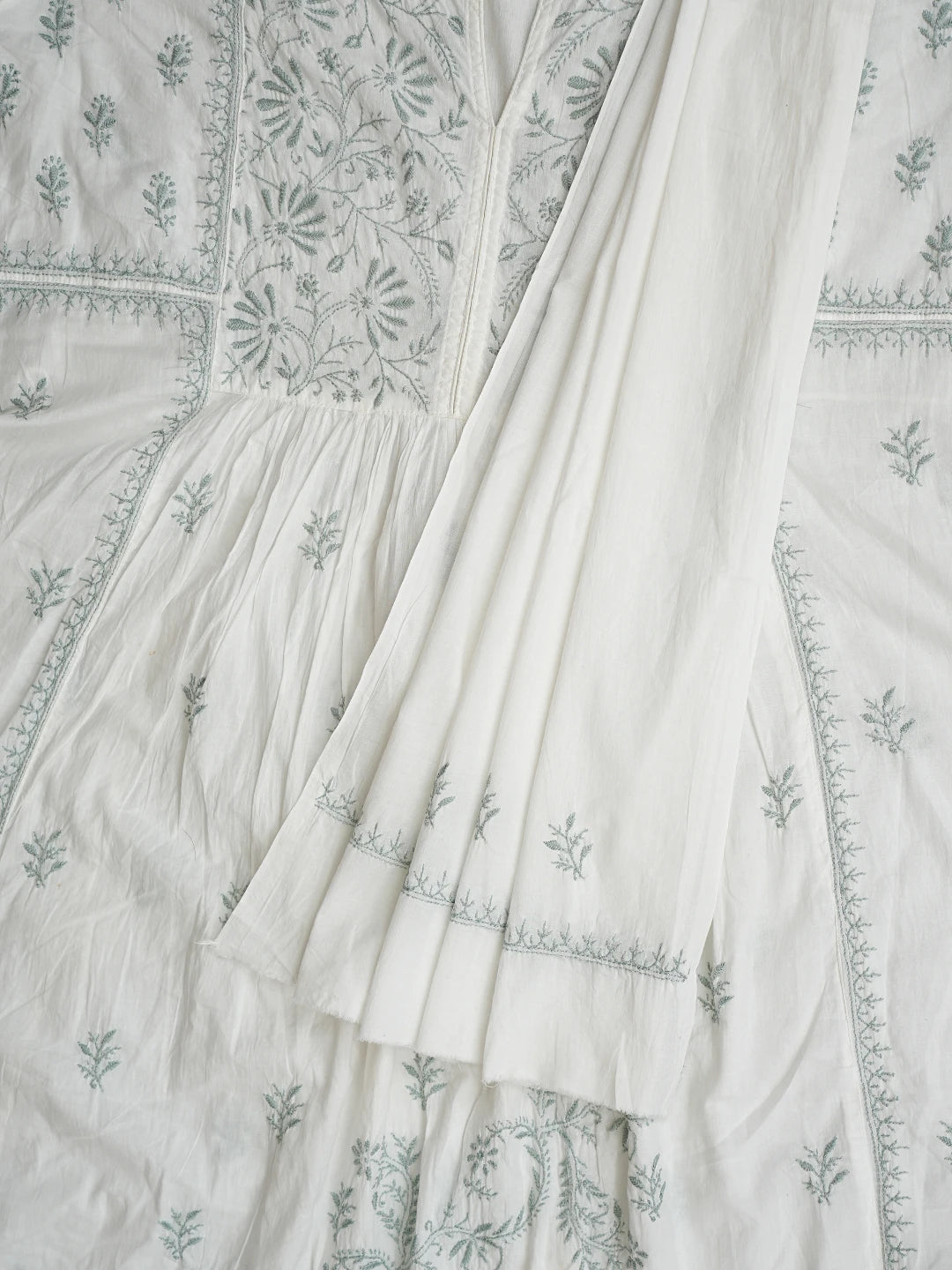 Ada Hand Embroidered White Cotton Lucknowi Chikankari Semi-Stitched Kurta Dupatta Set 01A430902