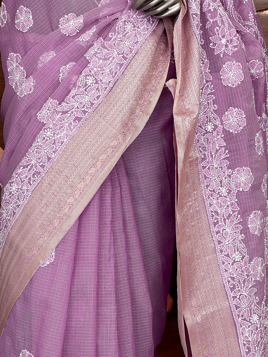 Ada Hand Embroidered Mauve Chanderi Lucknowi Chikankari Saree With Blouse 01A863328