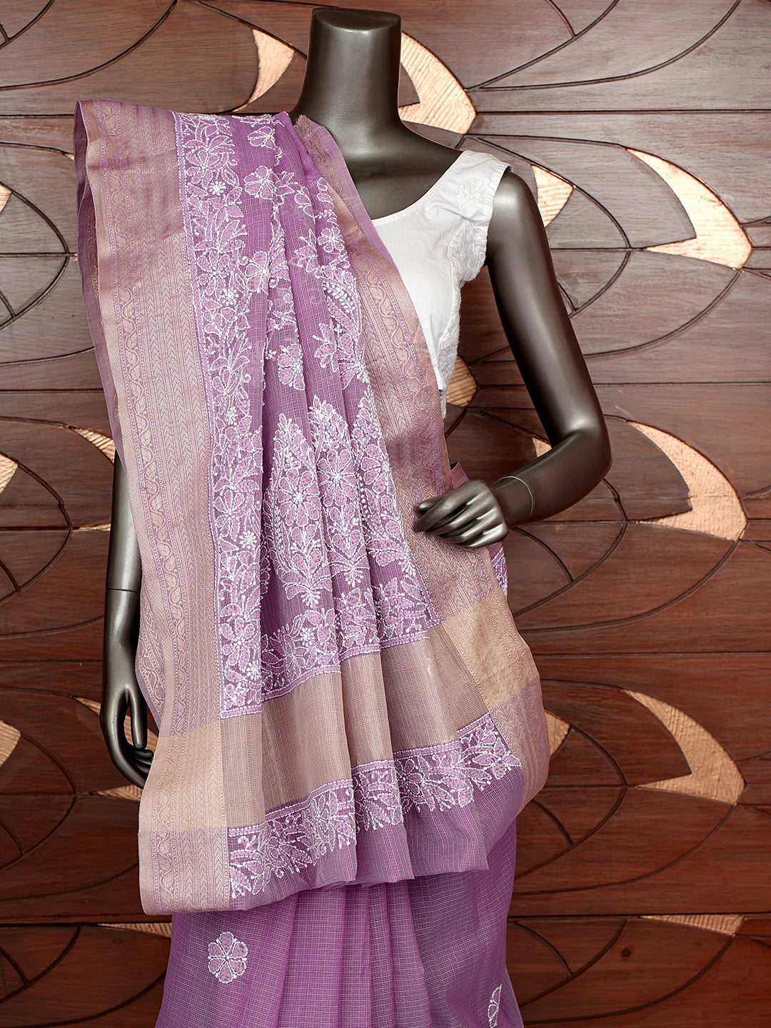 Ada Hand Embroidered Mauve Chanderi Lucknowi Chikankari Saree With Blouse 01A863328
