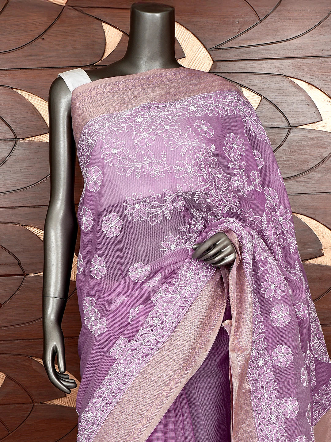Ada Hand Embroidered Mauve Chanderi Lucknowi Chikankari Saree With Blouse 01A863328