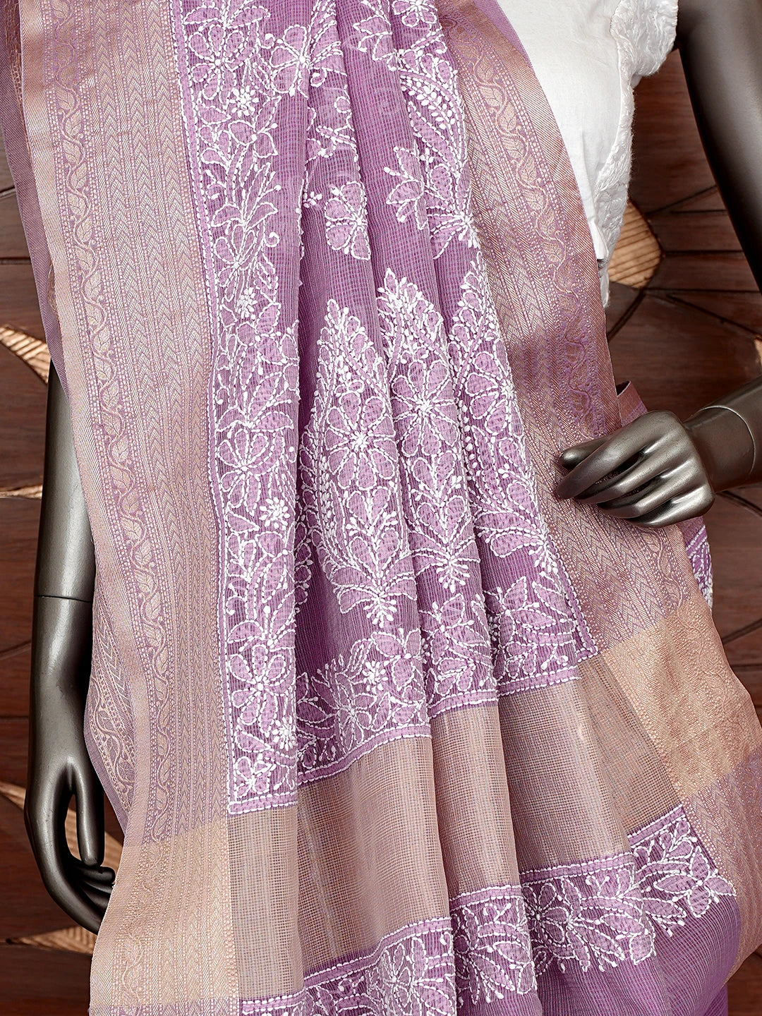 Ada Hand Embroidered Mauve Chanderi Lucknowi Chikankari Saree With Blouse 01A863328