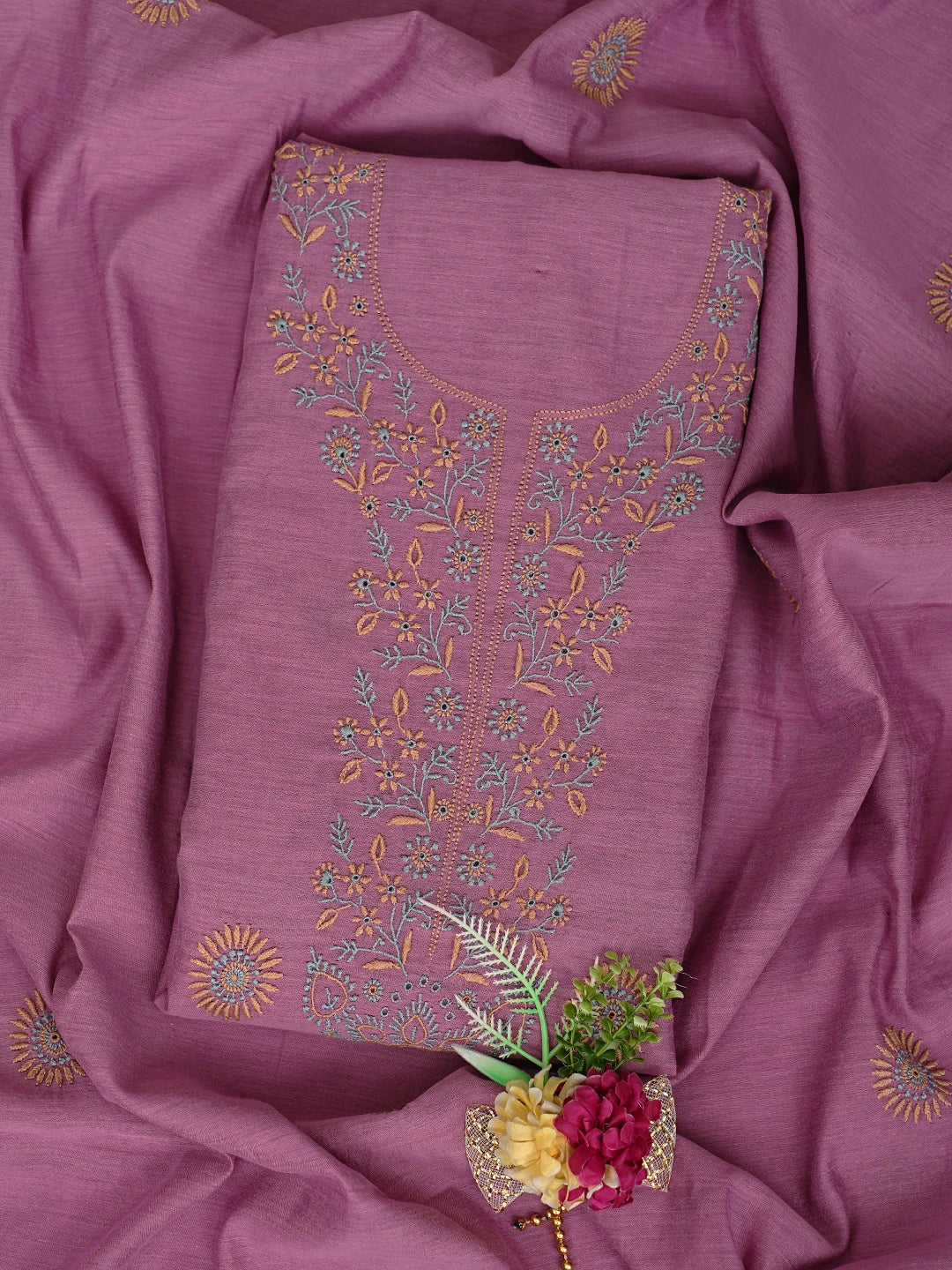 Ada Hand Embroidered Onion Pink Chanderi Lucknowi Chikankari Untitched Kurta Dupatta Set 01A841569