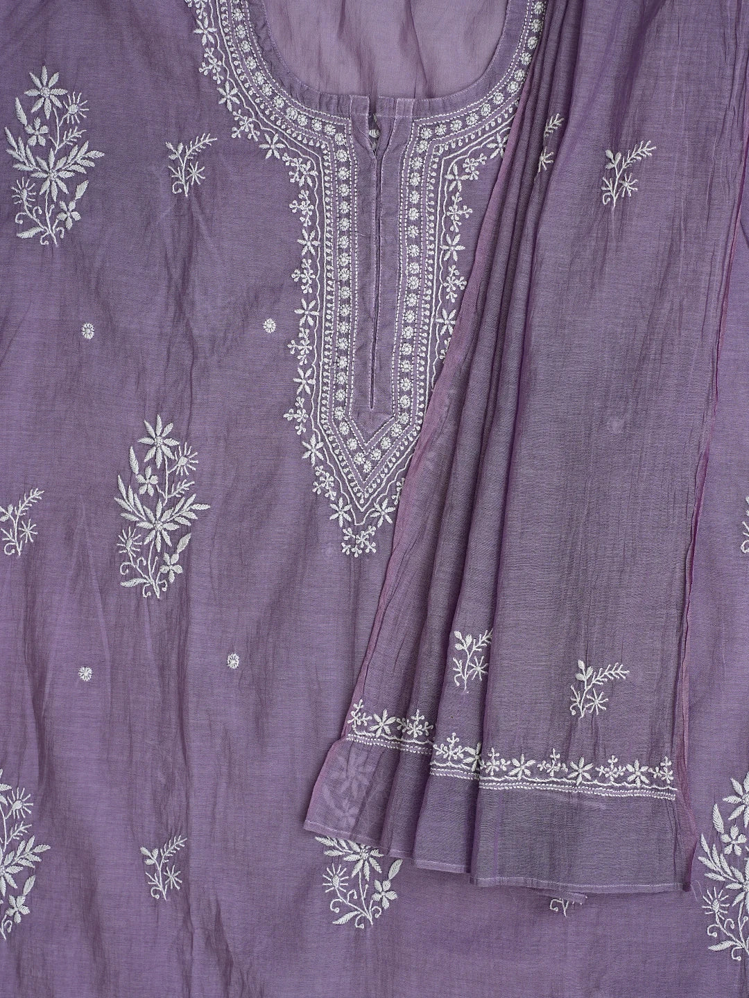 Ada Hand Embroidered Lavender Chanderi Lucknowi Chikankari Semi-Stitched Kurta Dupatta Set 01A864378