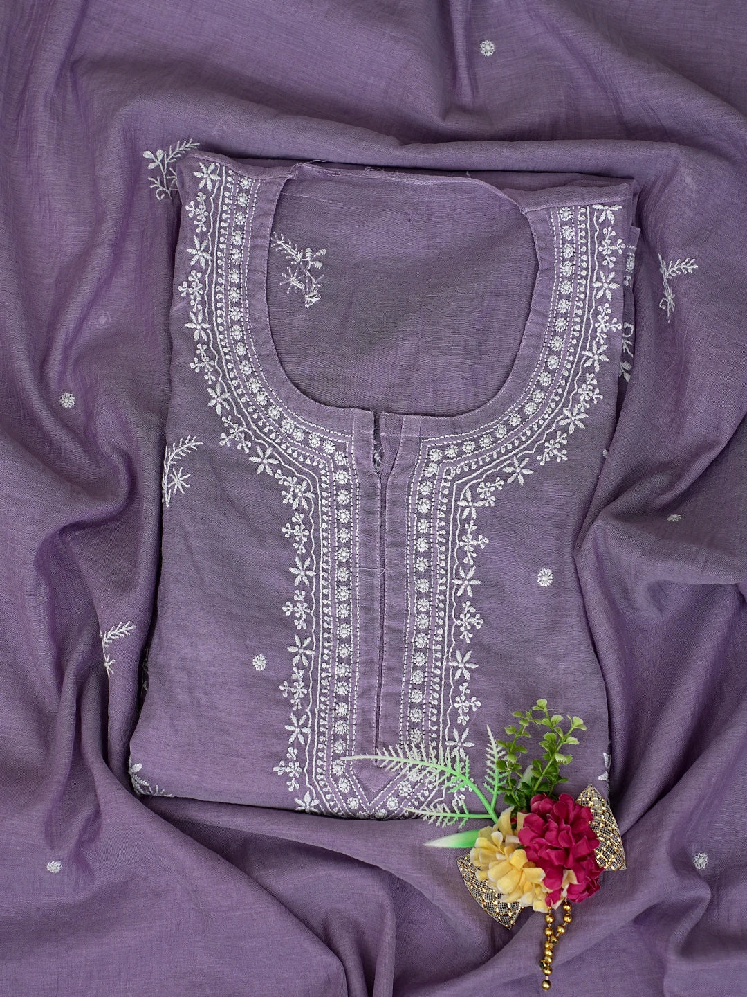 Ada Hand Embroidered Lavender Chanderi Lucknowi Chikankari Semi-Stitched Kurta Dupatta Set 01A864378