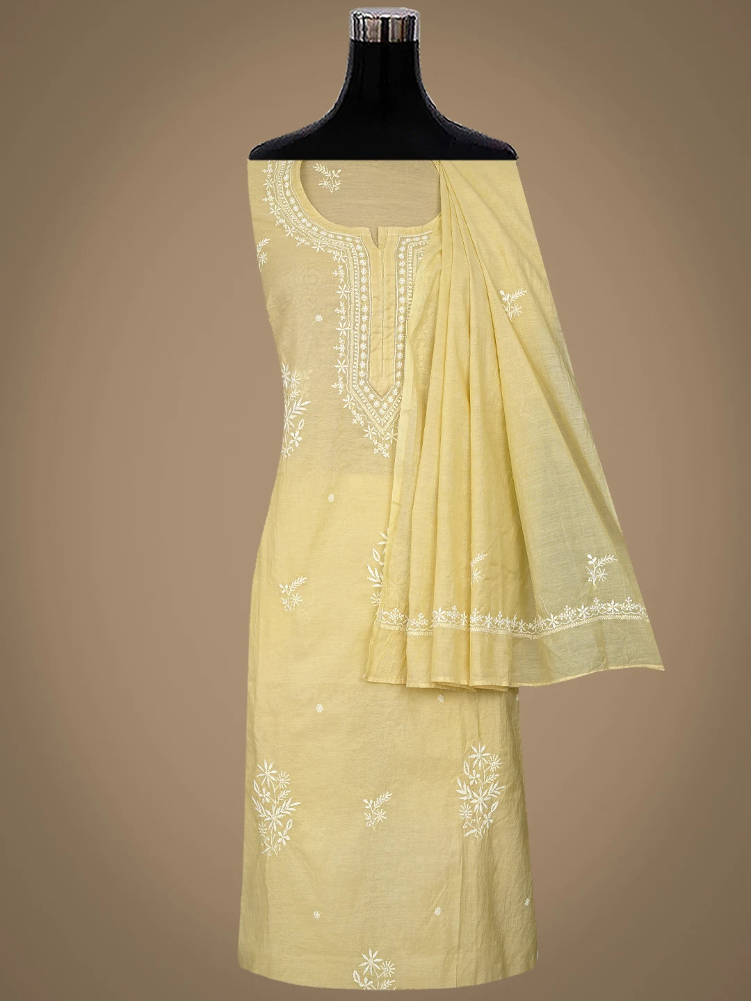 Ada Hand Embroidered Beige Chanderi Lucknowi Chikankari Semi-Stitched Kurta Dupatta Set 01A864373