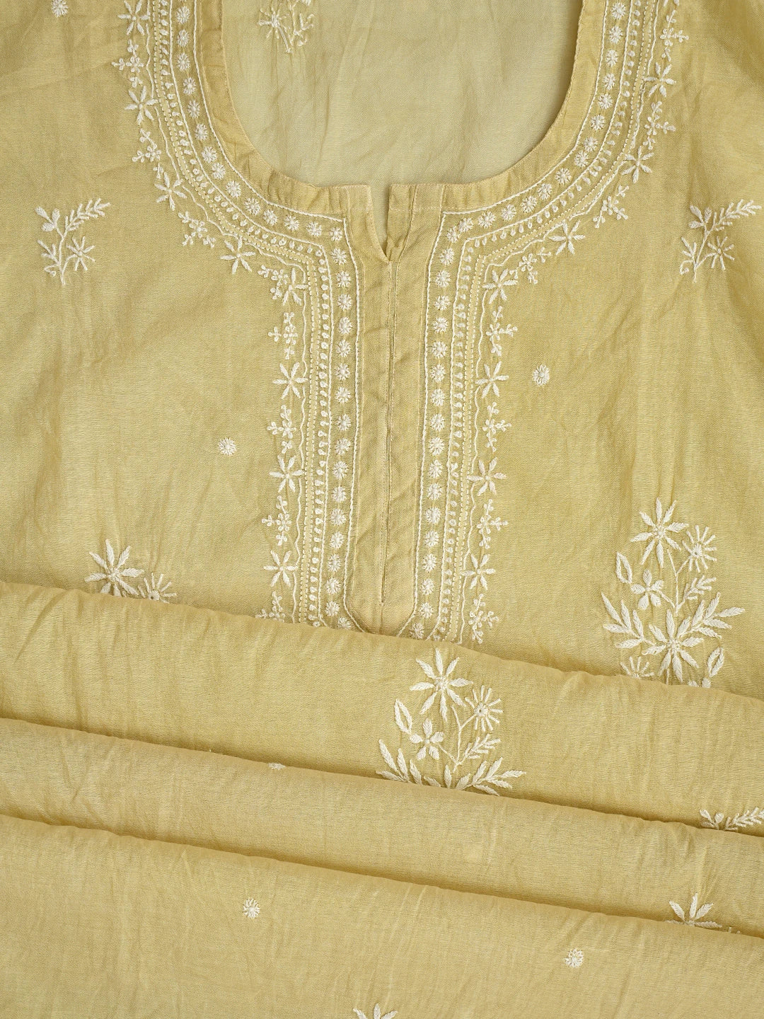 Ada Hand Embroidered Beige Chanderi Lucknowi Chikankari Semi-Stitched Kurta Dupatta Set 01A864373