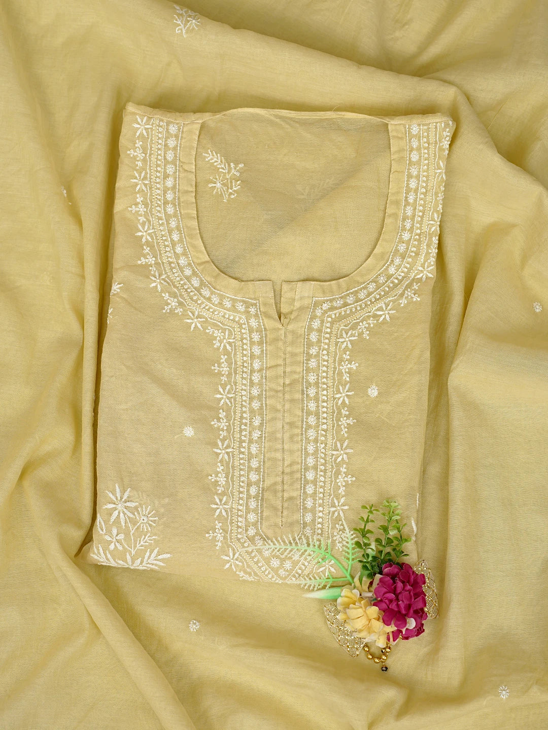 Ada Hand Embroidered Beige Chanderi Lucknowi Chikankari Semi-Stitched Kurta Dupatta Set 01A864373