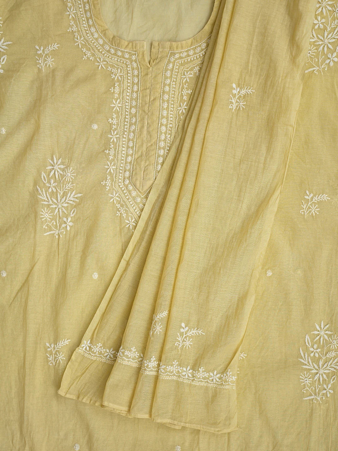 Ada Hand Embroidered Beige Chanderi Lucknowi Chikankari Semi-Stitched Kurta Dupatta Set 01A864373