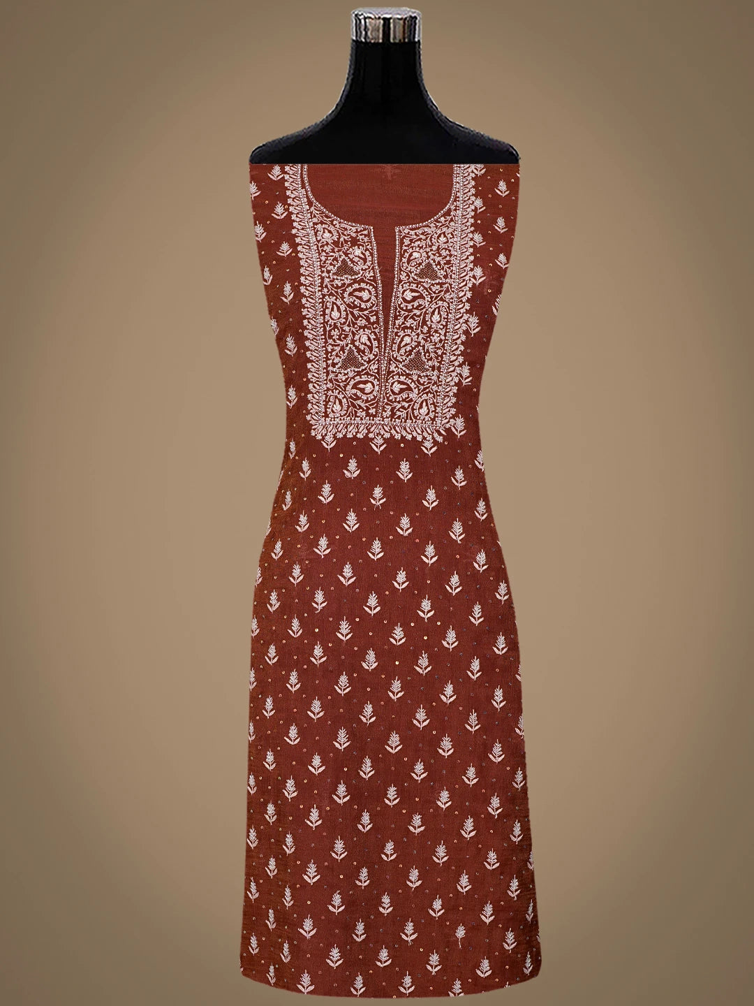 Ada Hand Embroidered Rust Tissue Lucknowi Chikankari Unstitched Kurta Dupatta Set With Cutdana Work 01A662258