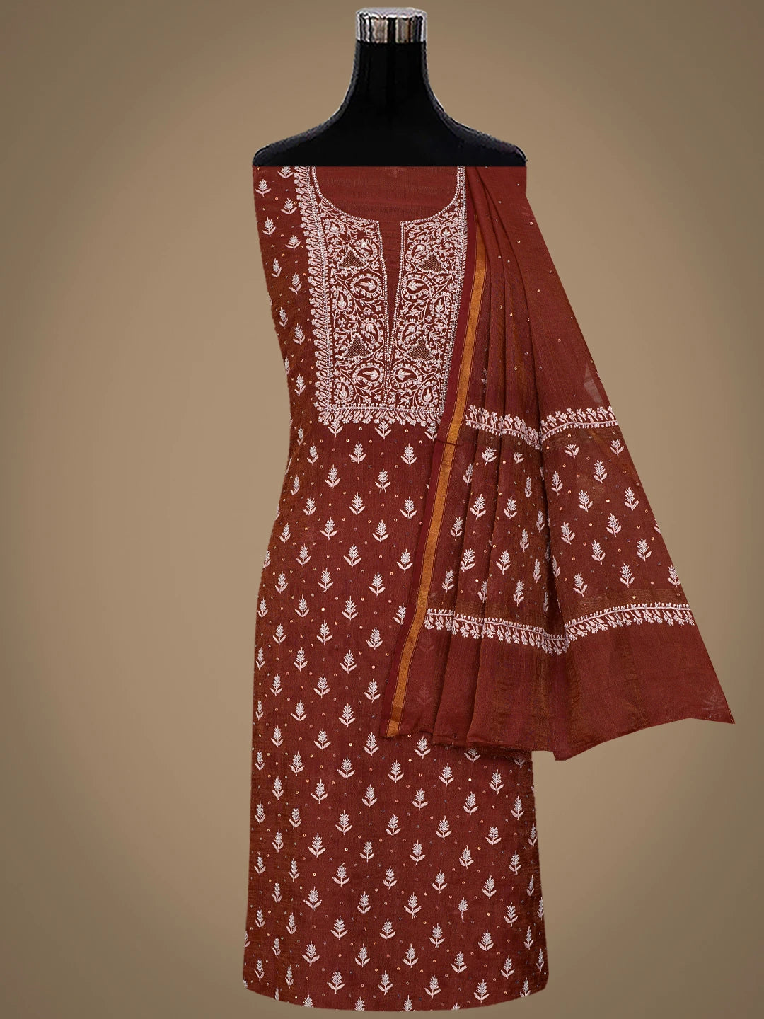 Ada Hand Embroidered Rust Tissue Lucknowi Chikankari Unstitched Kurta Dupatta Set With Cutdana Work 01A662258
