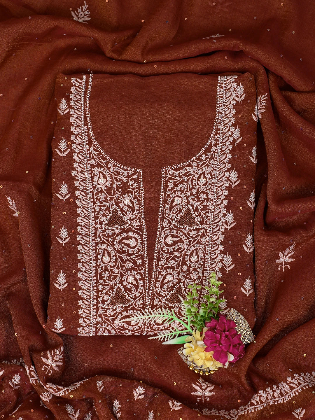 Ada Hand Embroidered Rust Tissue Lucknowi Chikankari Unstitched Kurta Dupatta Set With Cutdana Work 01A662258
