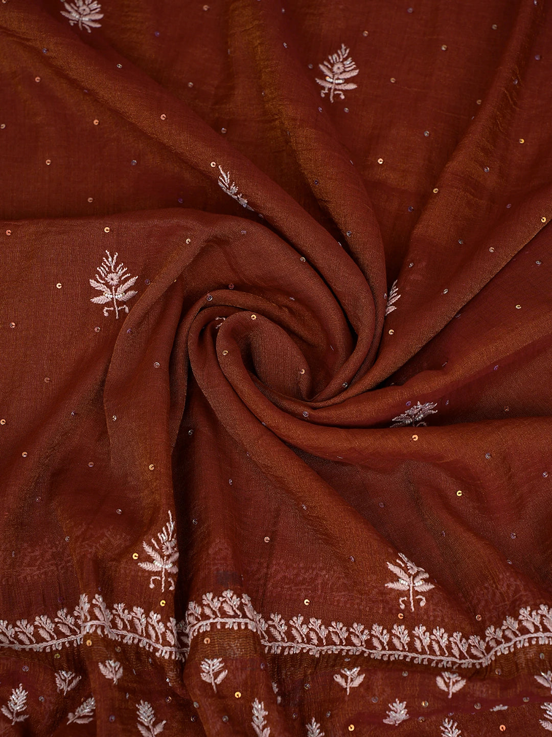 Ada Hand Embroidered Rust Tissue Lucknowi Chikankari Unstitched Kurta Dupatta Set With Cutdana Work 01A662258