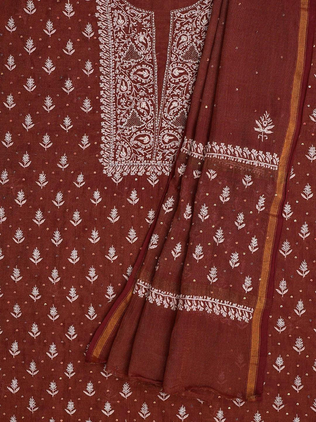Ada Hand Embroidered Rust Tissue Lucknowi Chikankari Unstitched Kurta Dupatta Set With Cutdana Work 01A662258