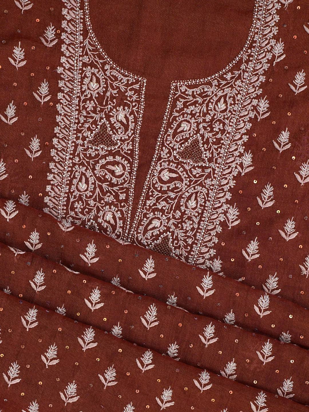 Ada Hand Embroidered Rust Tissue Lucknowi Chikankari Unstitched Kurta Dupatta Set With Cutdana Work 01A662258