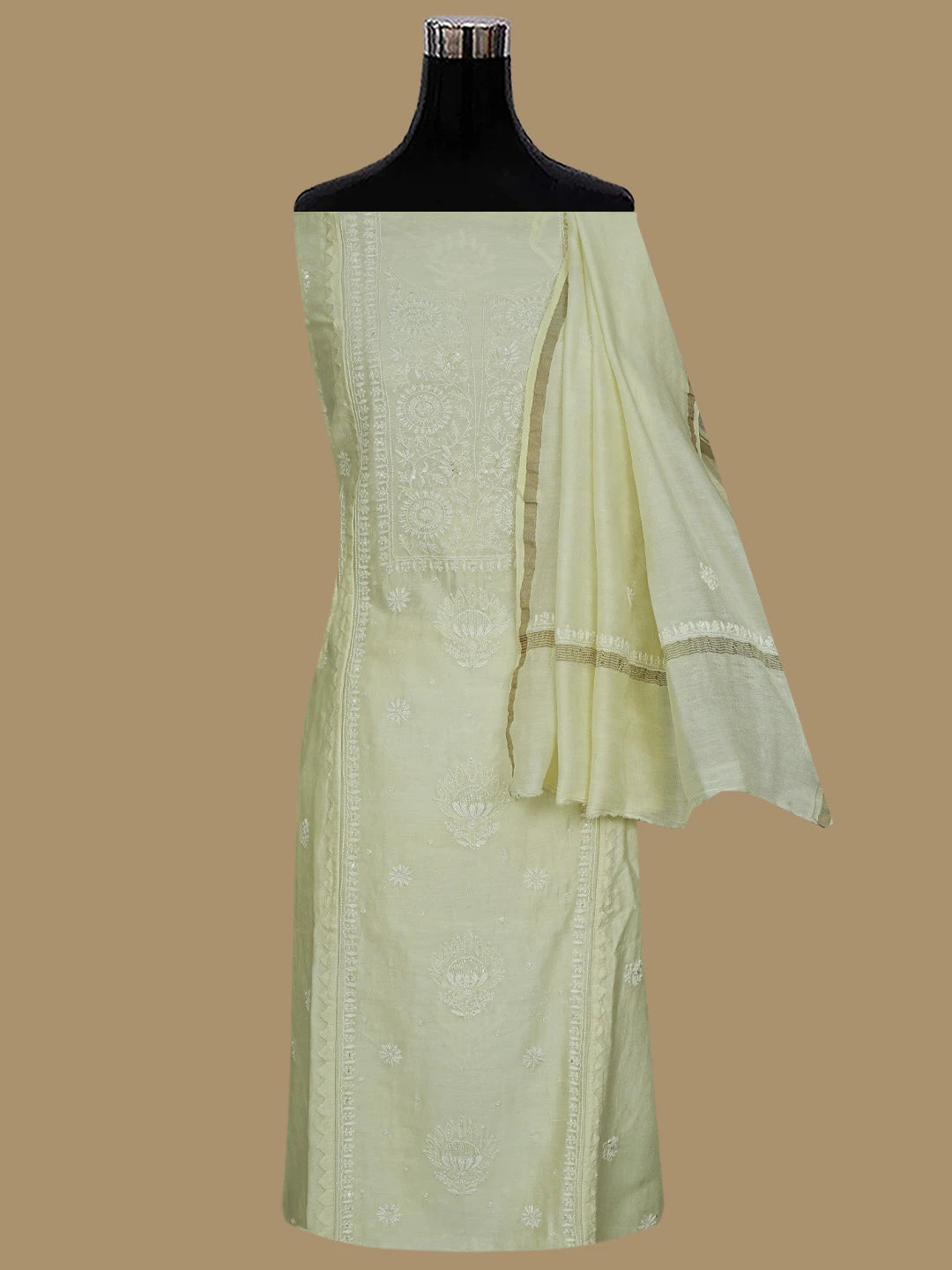 Ada Hand Embroidered Cream Chanderi Lucknowi Chikankari Semi-Stitched Kurta Dupatta Set With Cutdana Work 01A556063