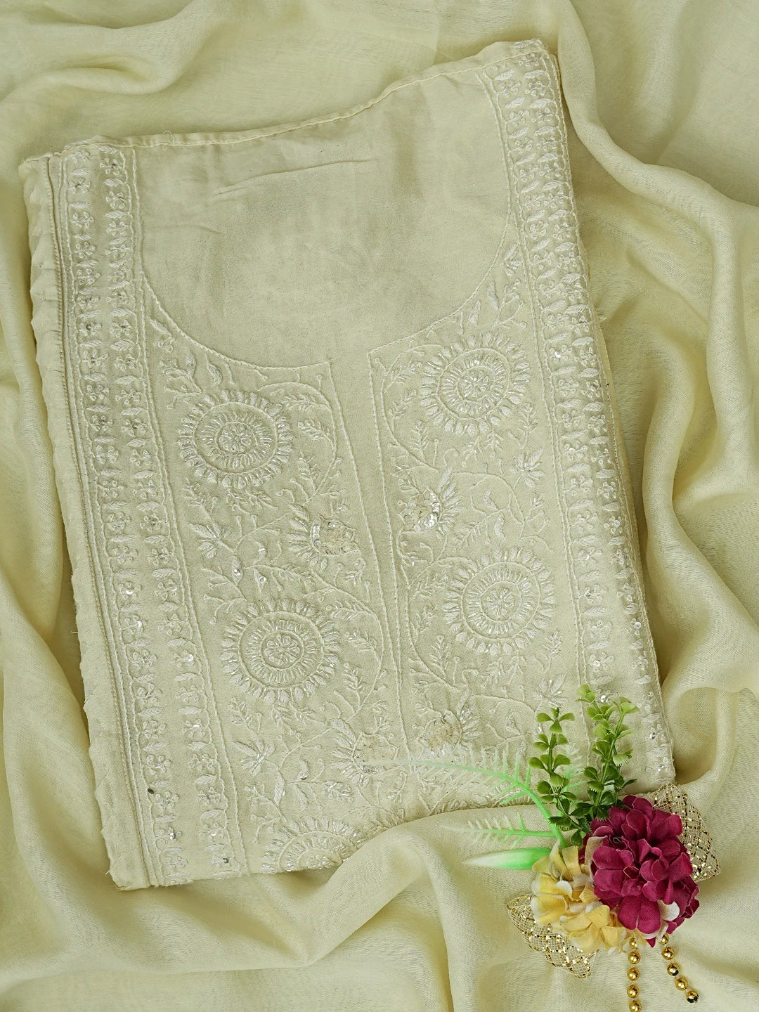 Ada Hand Embroidered Cream Chanderi Lucknowi Chikankari Semi-Stitched Kurta Dupatta Set With Cutdana Work 01A556063