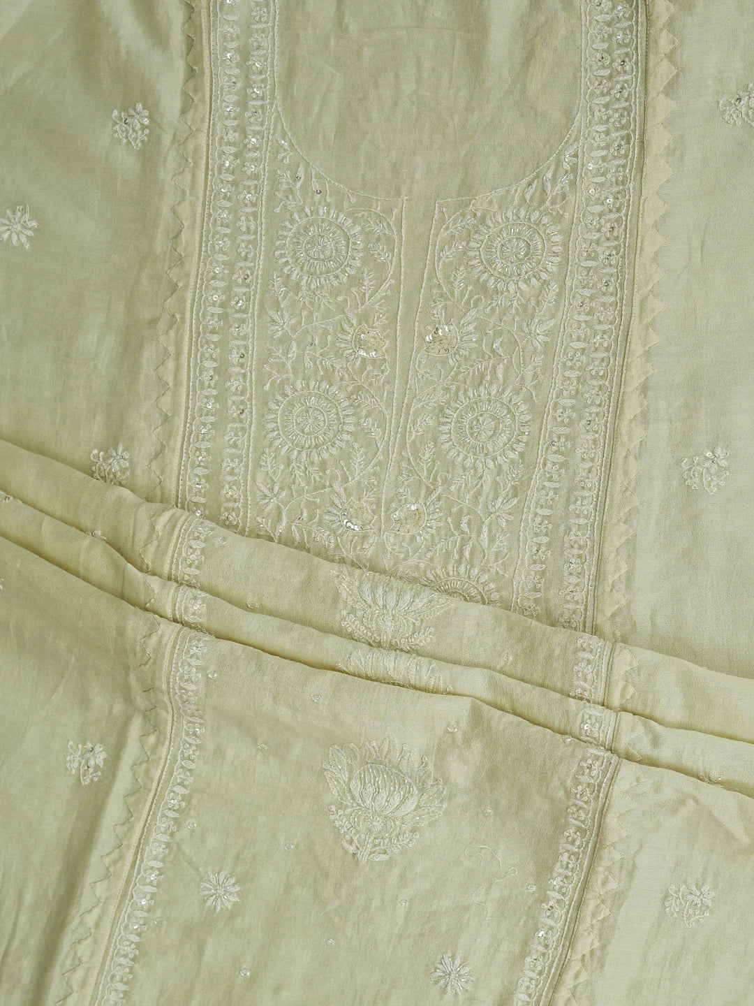 Ada Hand Embroidered Cream Chanderi Lucknowi Chikankari Semi-Stitched Kurta Dupatta Set With Cutdana Work 01A556063