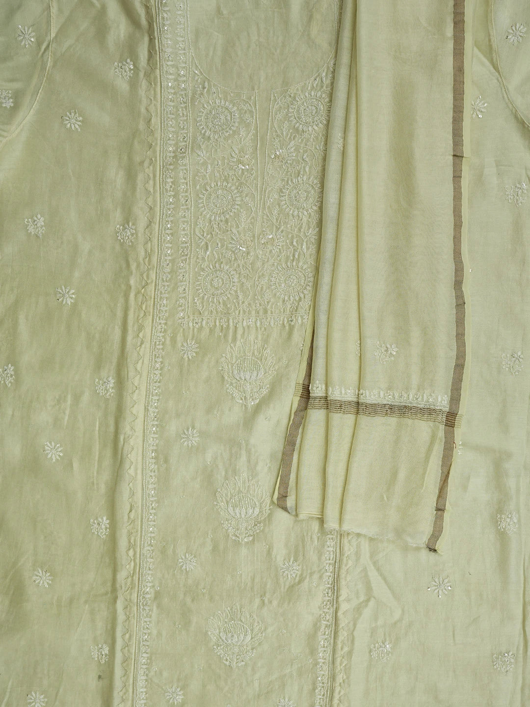 Ada Hand Embroidered Cream Chanderi Lucknowi Chikankari Semi-Stitched Kurta Dupatta Set With Cutdana Work 01A556063