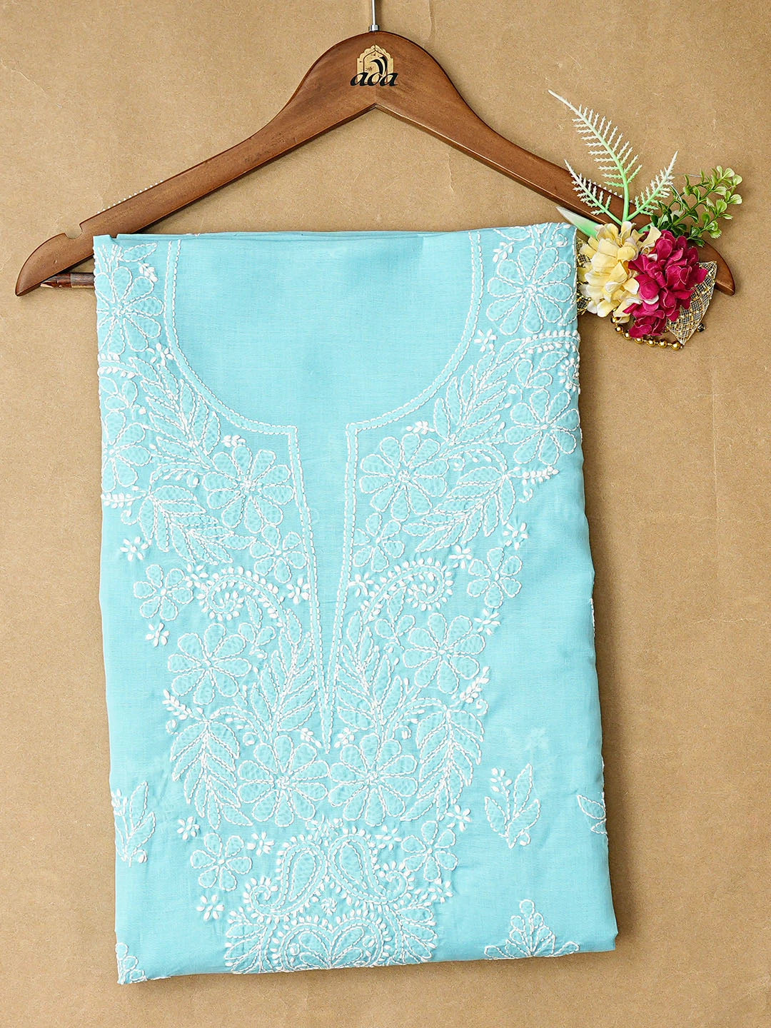Ada Hand Embroidered Blue Cotton Lucknowi Chikankari Unstitched Kurta Piece 01A863907