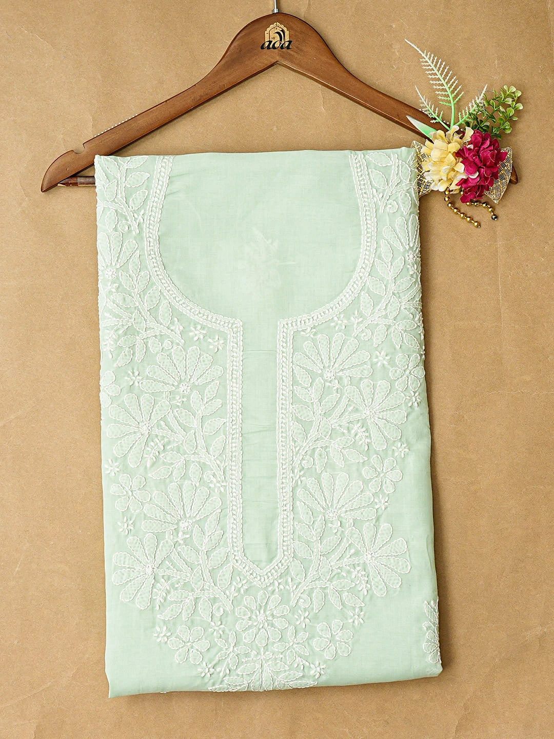 Ada Hand Embroidered Sea Green Cotton Lucknowi Chikankari Unstitched Kurta Piece 01A863916