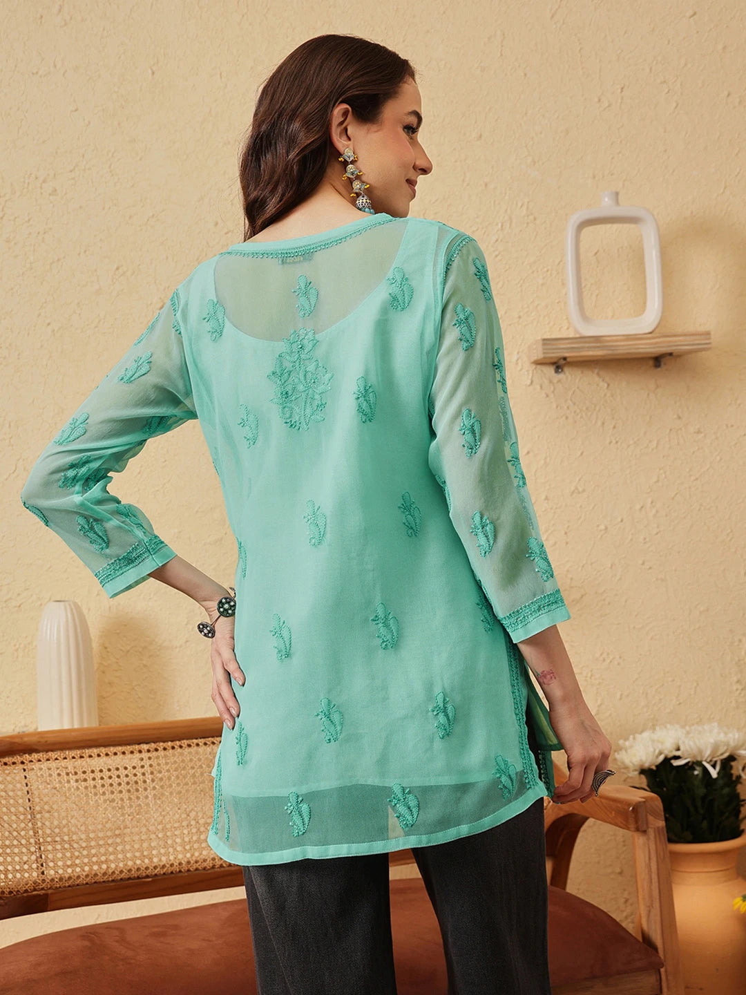 Ada Hand Embroidered Sea Green Georgette Lucknowi Chikankari Kurti with slip A911538