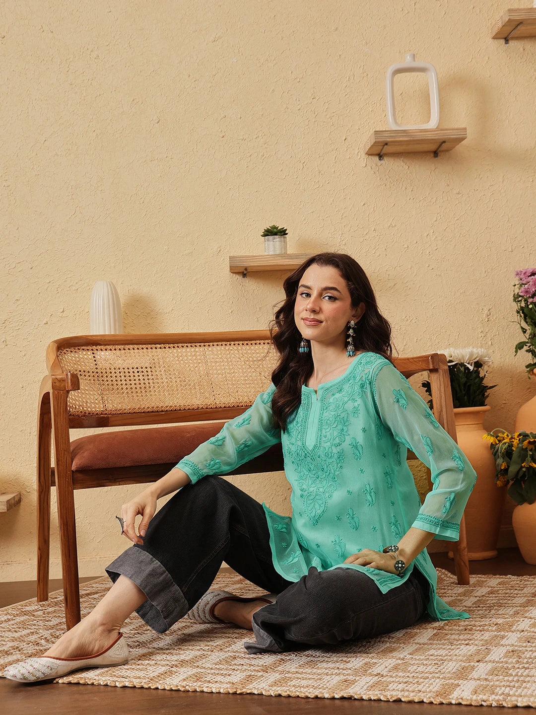 Ada Hand Embroidered Sea Green Georgette Lucknowi Chikankari Kurti with slip A911538