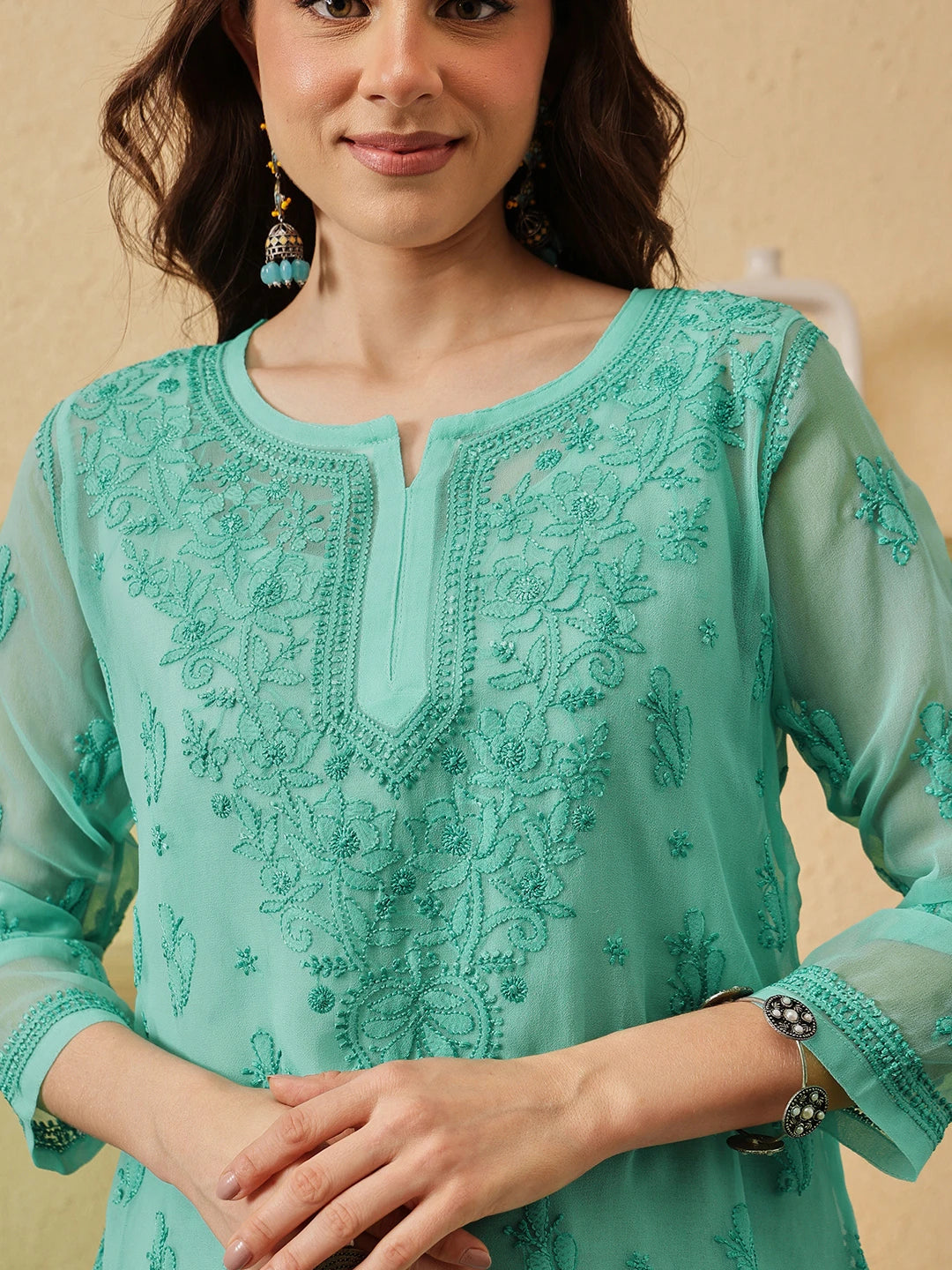 Ada Hand Embroidered Sea Green Georgette Lucknowi Chikankari Kurti with slip A911538