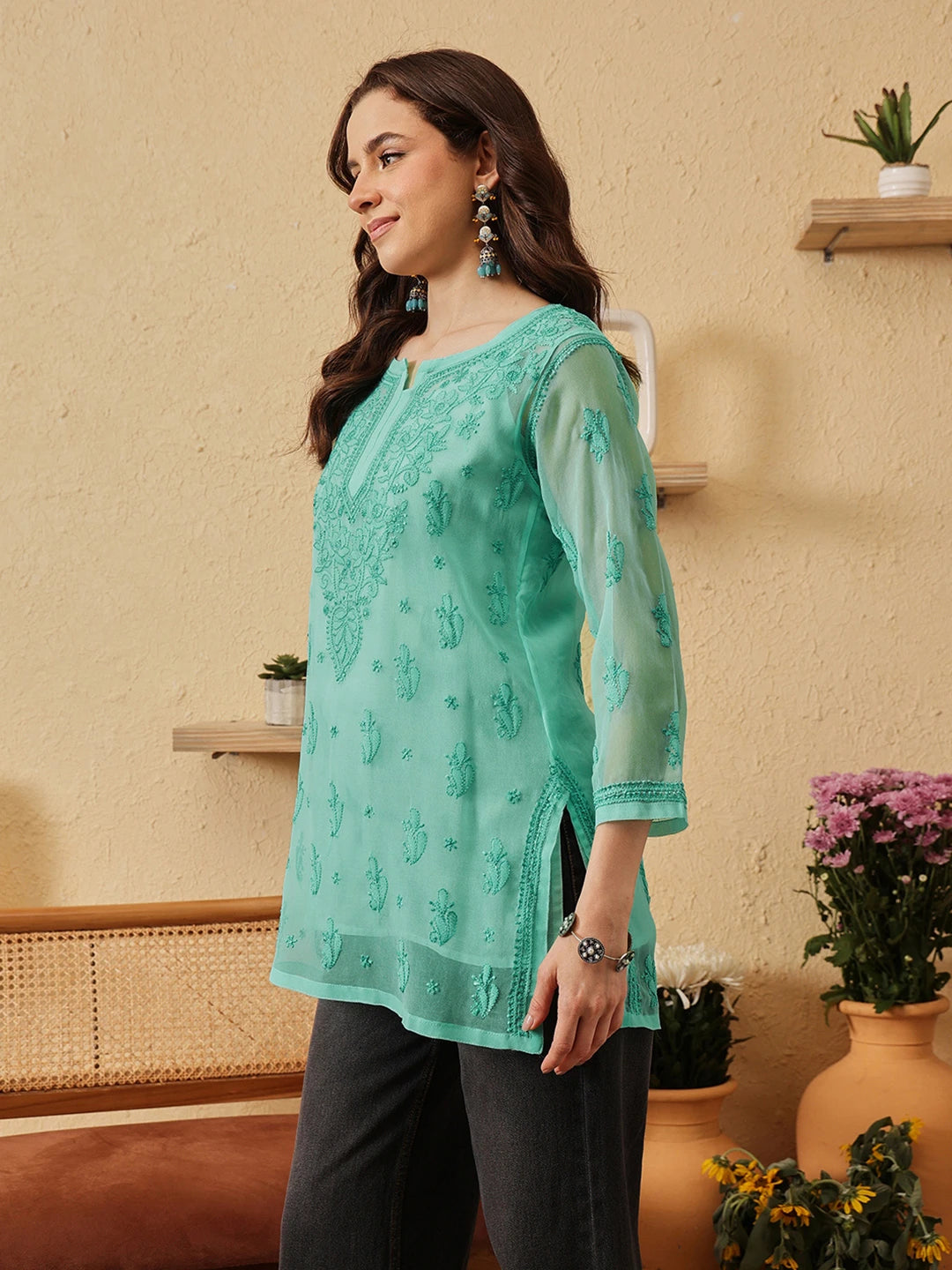 Ada Hand Embroidered Sea Green Georgette Lucknowi Chikankari Kurti with slip A911538