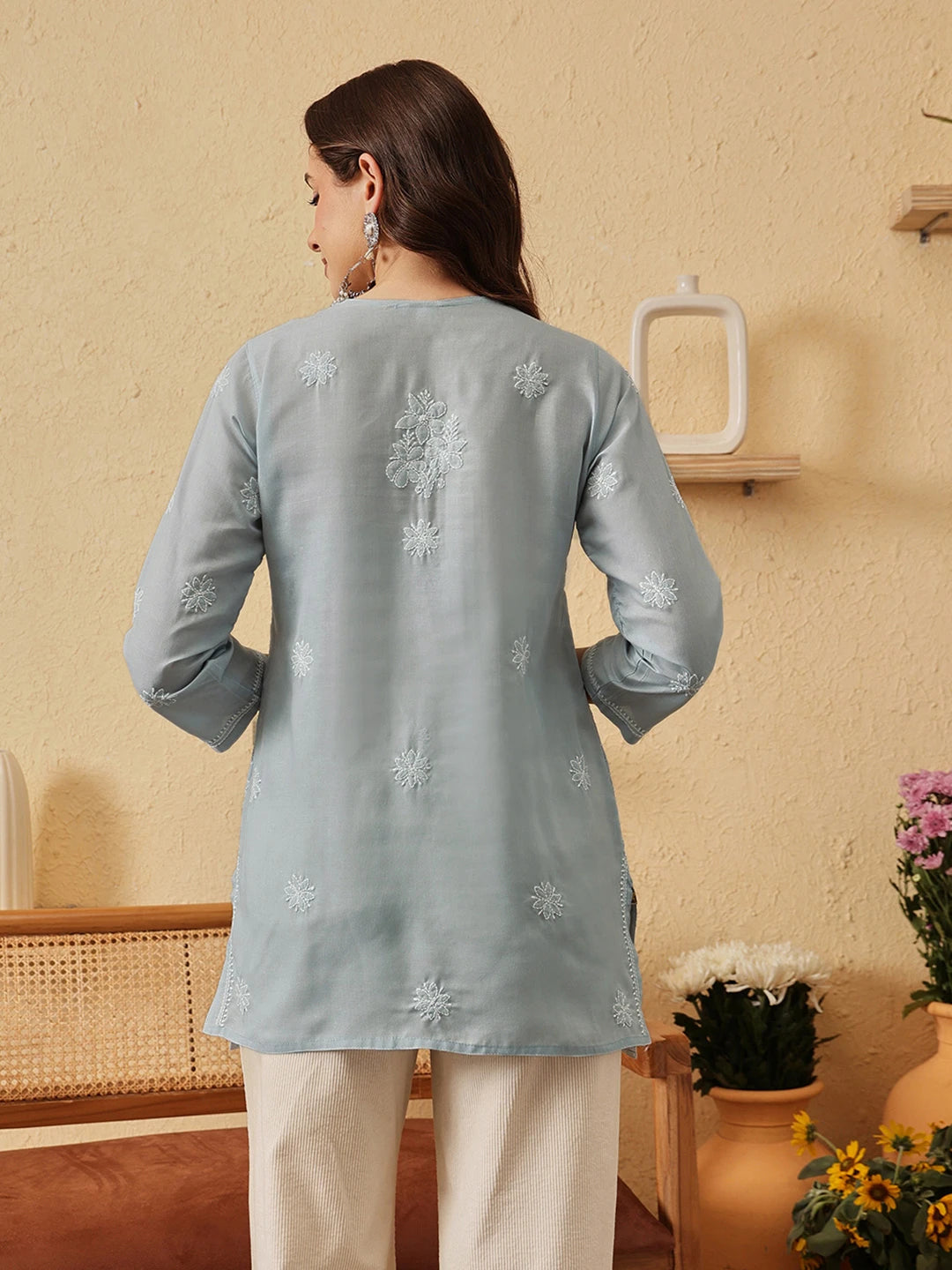 Ada Hand Embroidered Grey Cotton Lucknowi Chikankari Short Kurti A911527