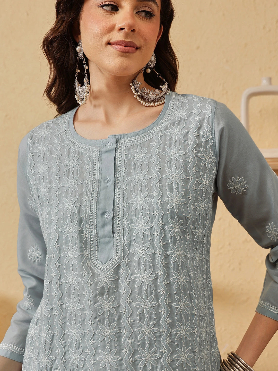 Ada Hand Embroidered Grey Cotton Lucknowi Chikankari Short Kurti A911527