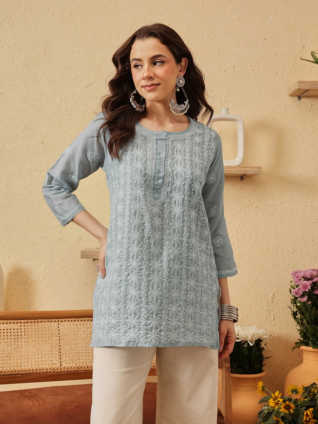Ada Hand Embroidered Grey Cotton Lucknowi Chikankari Short Kurti A911527