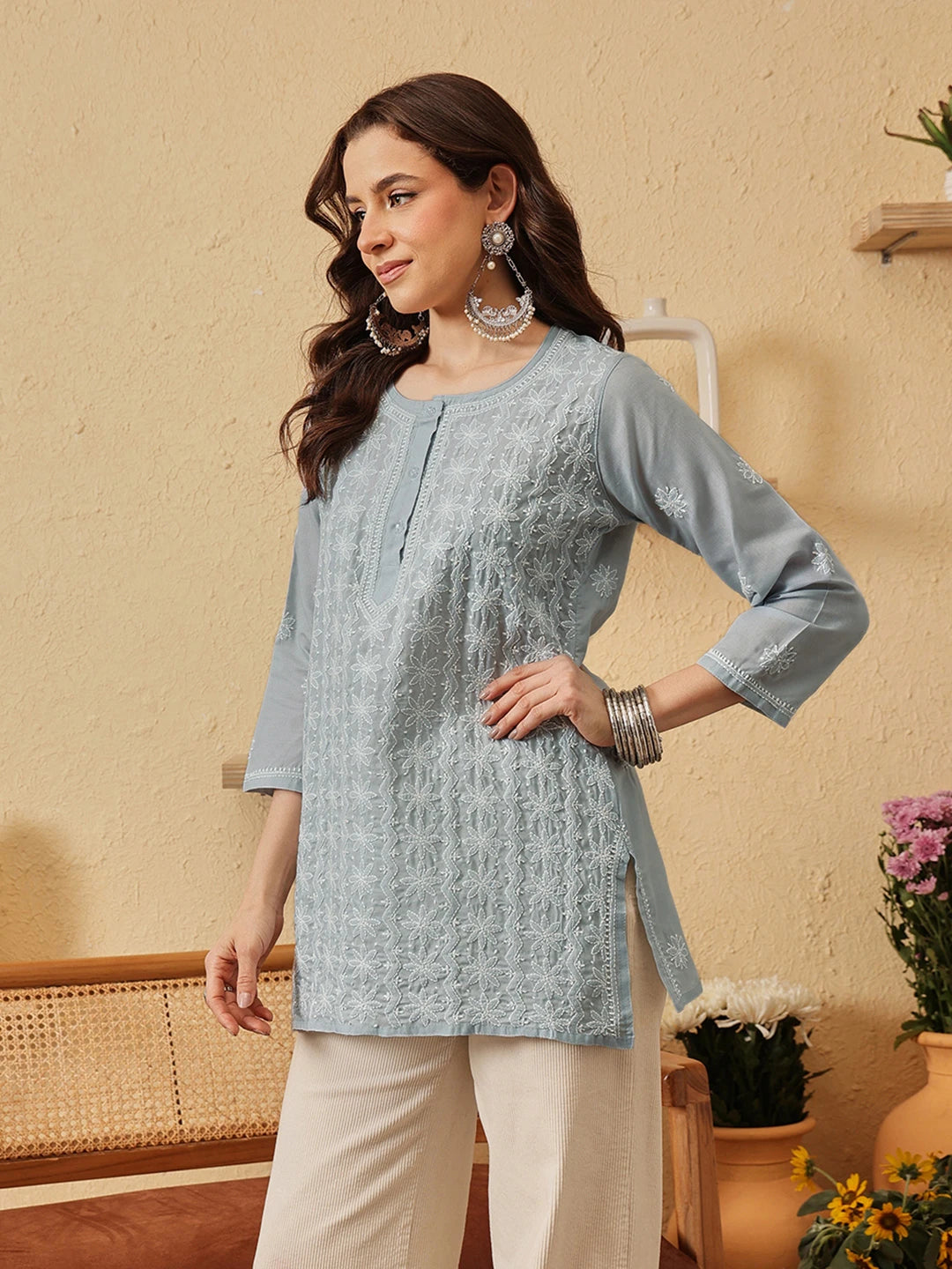 Ada Hand Embroidered Grey Cotton Lucknowi Chikankari Short Kurti A911527