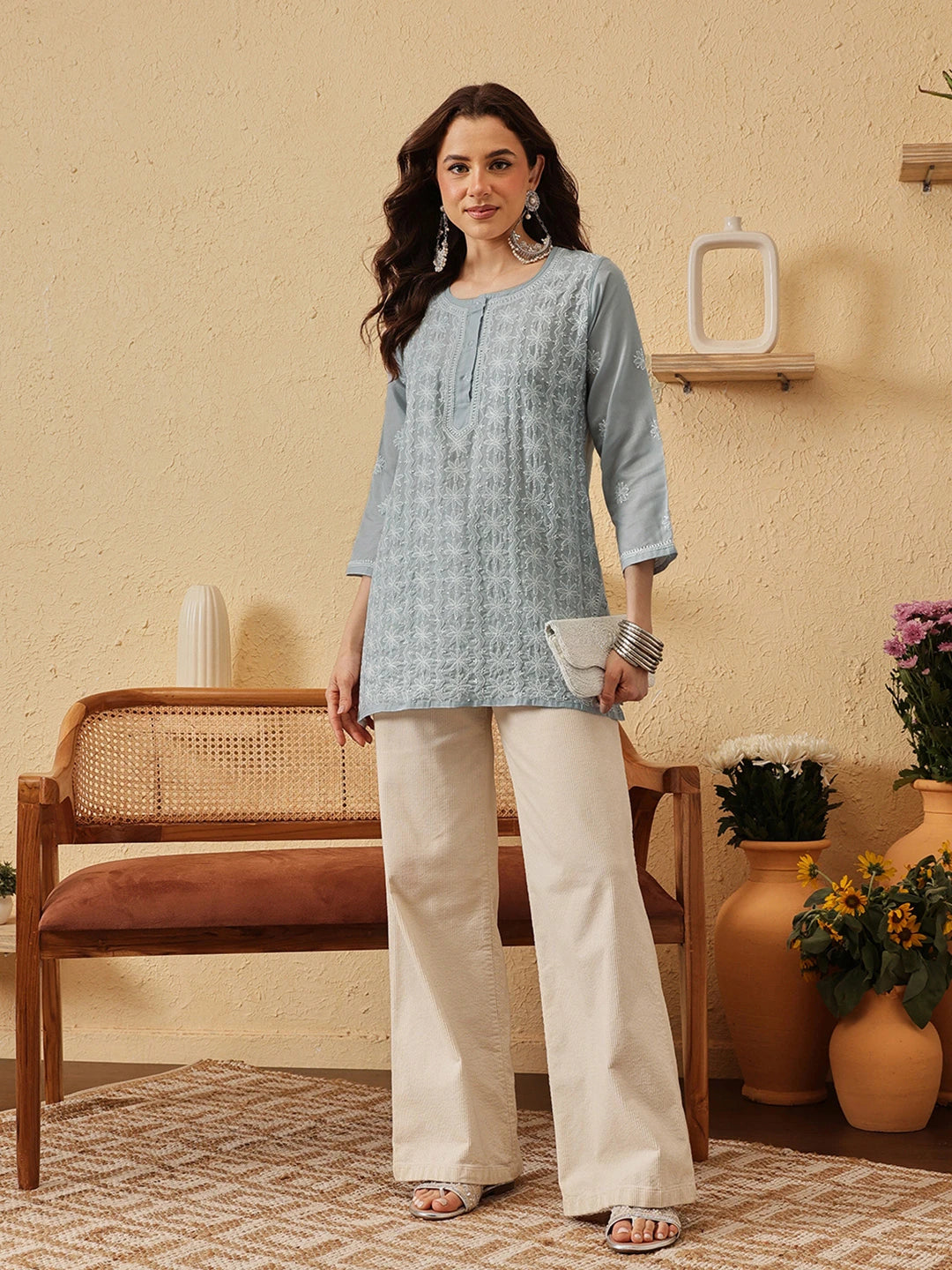 Ada Hand Embroidered Grey Cotton Lucknowi Chikankari Short Kurti A911527