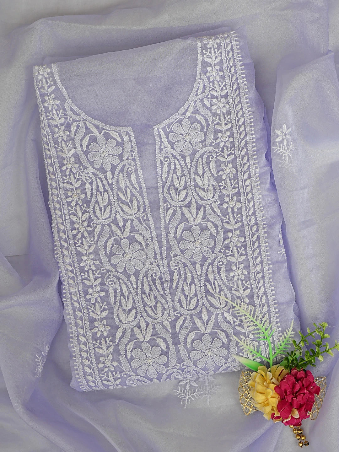 Ada Hand Embroidered Mauve Organza Lucknowi Chikankari Unstitched Kurta Dupatta Set 01A810592