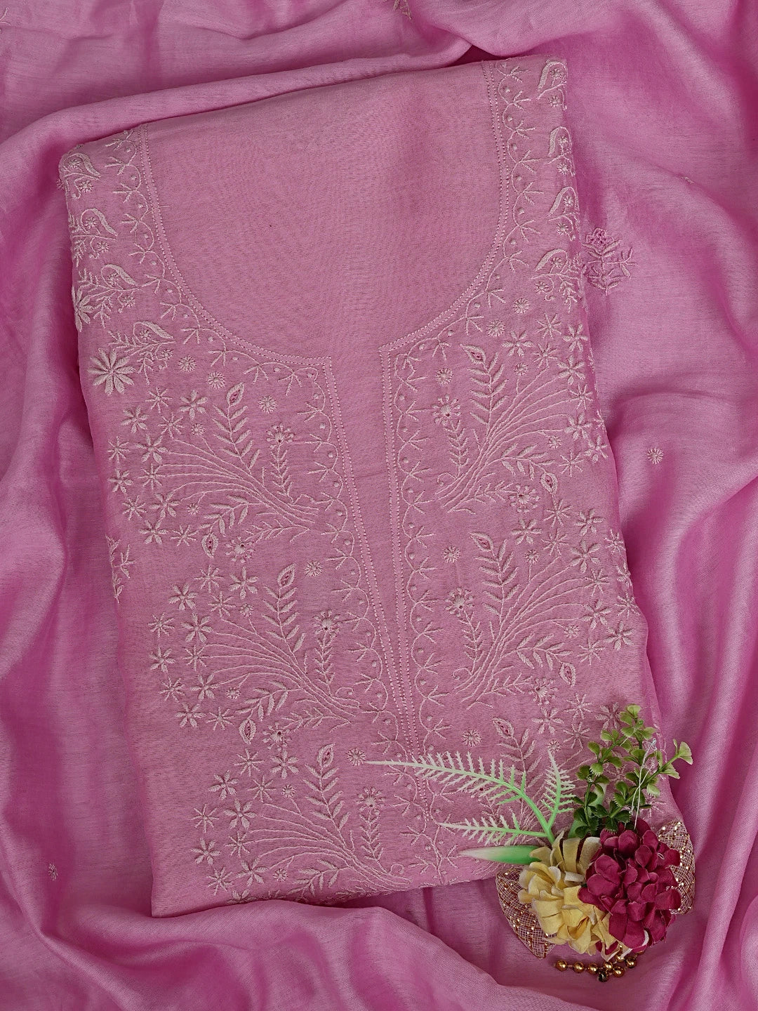 Ada Hand Embroidered Pink Chanderi Lucknowi Chikankari Unstitched Kurta Dupatta Set 01A860031