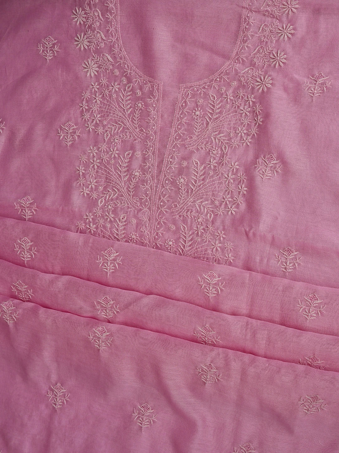 Ada Hand Embroidered Pink Chanderi Lucknowi Chikankari Unstitched Kurta Dupatta Set 01A860031