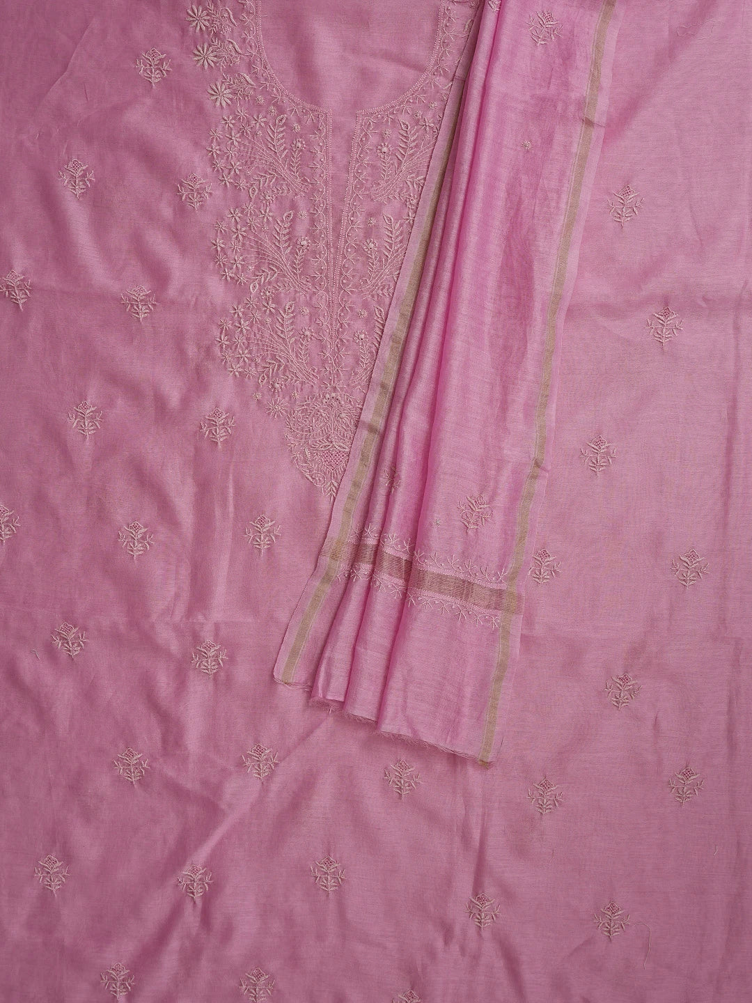Ada Hand Embroidered Pink Chanderi Lucknowi Chikankari Unstitched Kurta Dupatta Set 01A860031