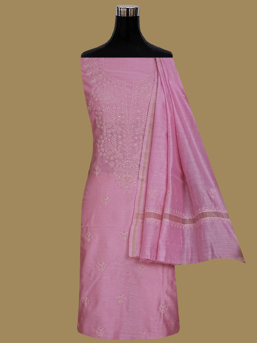 Ada Hand Embroidered Pink Chanderi Lucknowi Chikankari Unstitched Kurta Dupatta Set 01A860031