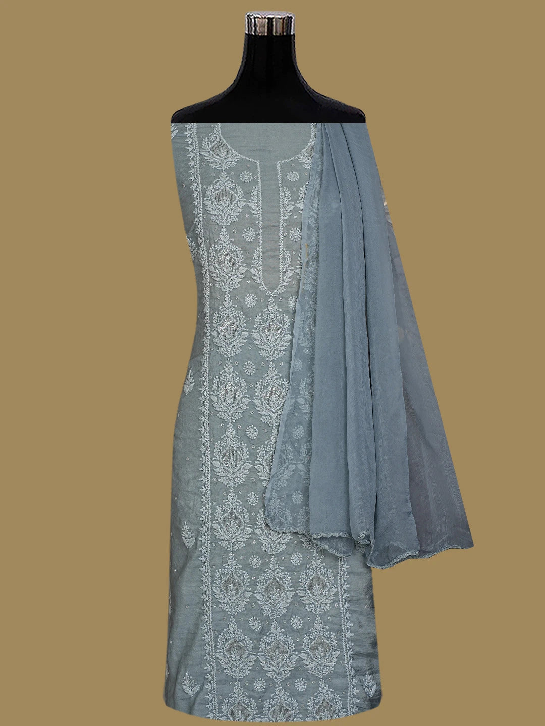 Ada Hand Embroidered Grey Chanderi Lucknowi Chikankari Unstitched Suit Piece With Cutdana Work 01A788693