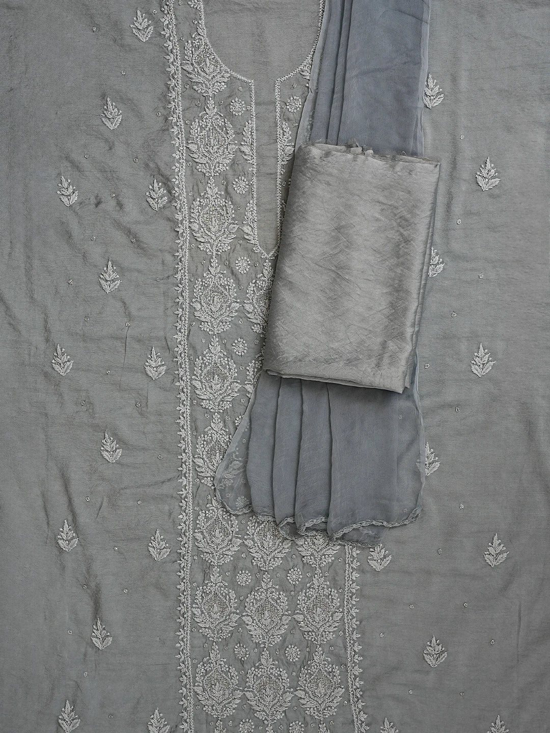 Ada Hand Embroidered Grey Chanderi Lucknowi Chikankari Unstitched Suit Piece With Cutdana Work 01A788693