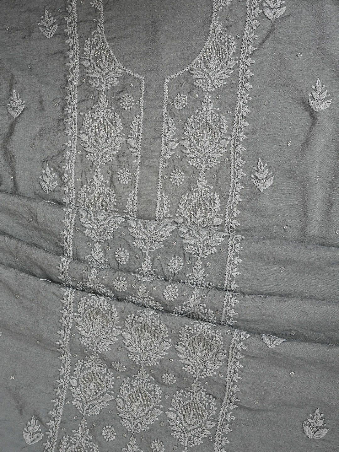 Ada Hand Embroidered Grey Chanderi Lucknowi Chikankari Unstitched Suit Piece With Cutdana Work 01A788693