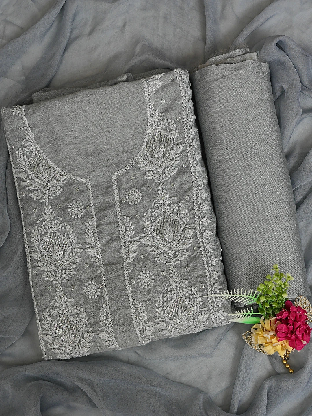 Ada Hand Embroidered Grey Chanderi Lucknowi Chikankari Unstitched Suit Piece With Cutdana Work 01A788693