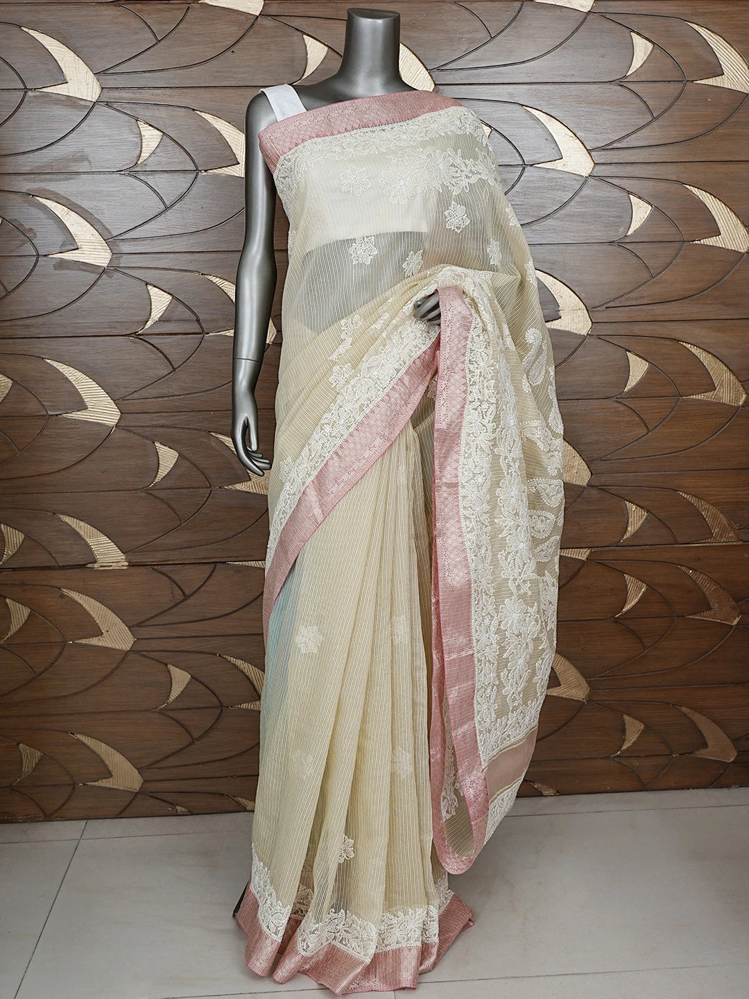 Ada Hand Embroidered Fawn Chanderi Lucknowi Chikankari Saree With Blouse 01A863229