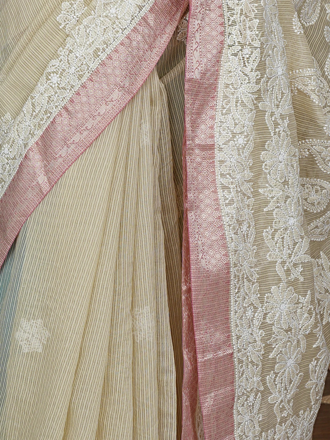 Ada Hand Embroidered Fawn Chanderi Lucknowi Chikankari Saree With Blouse 01A863229