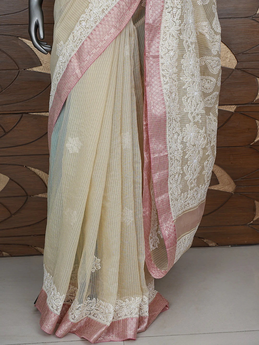 Ada Hand Embroidered Fawn Chanderi Lucknowi Chikankari Saree With Blouse 01A863229