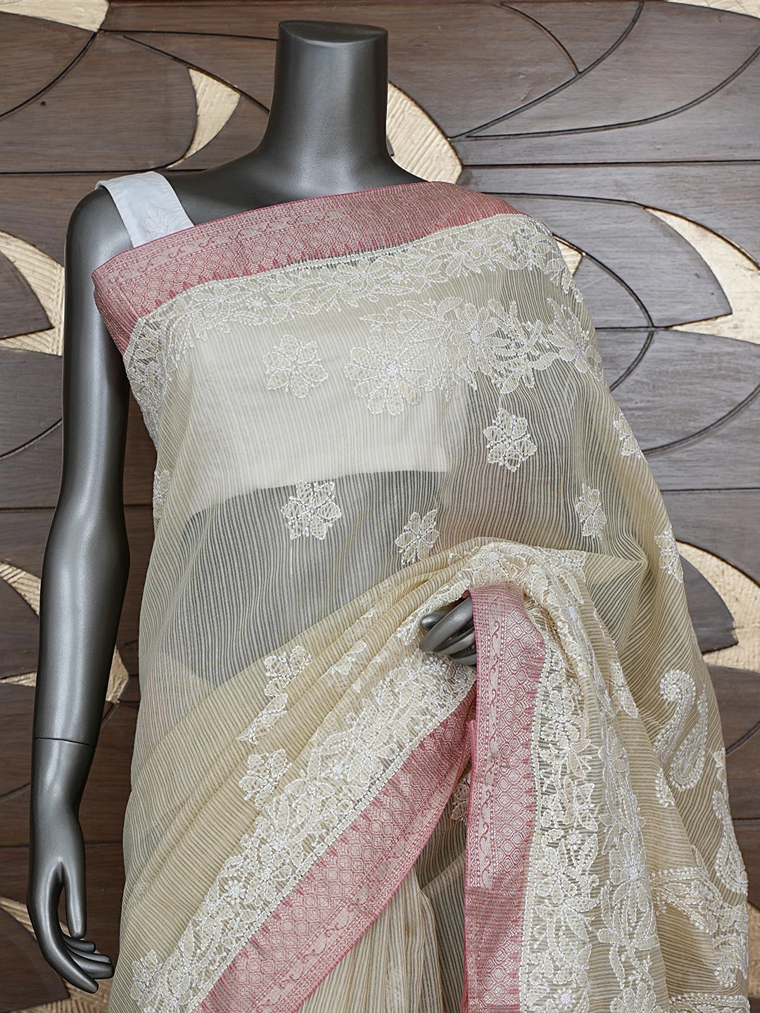 Ada Hand Embroidered Fawn Chanderi Lucknowi Chikankari Saree With Blouse 01A863229