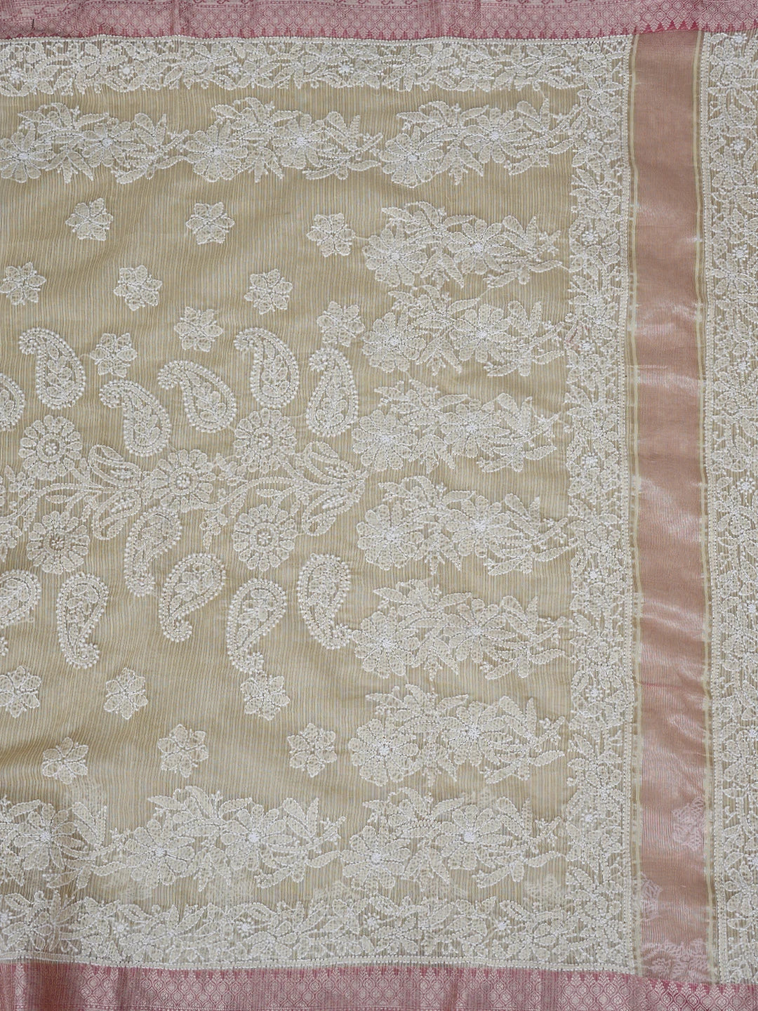 Ada Hand Embroidered Fawn Chanderi Lucknowi Chikankari Saree With Blouse 01A863229