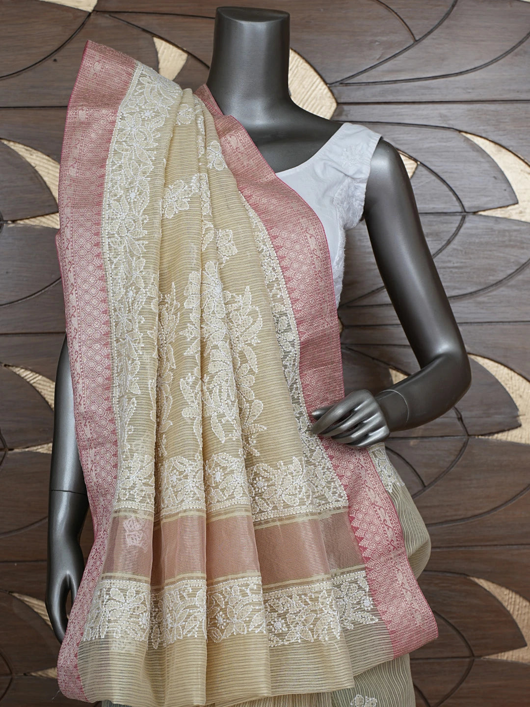 Ada Hand Embroidered Fawn Chanderi Lucknowi Chikankari Saree With Blouse 01A863229