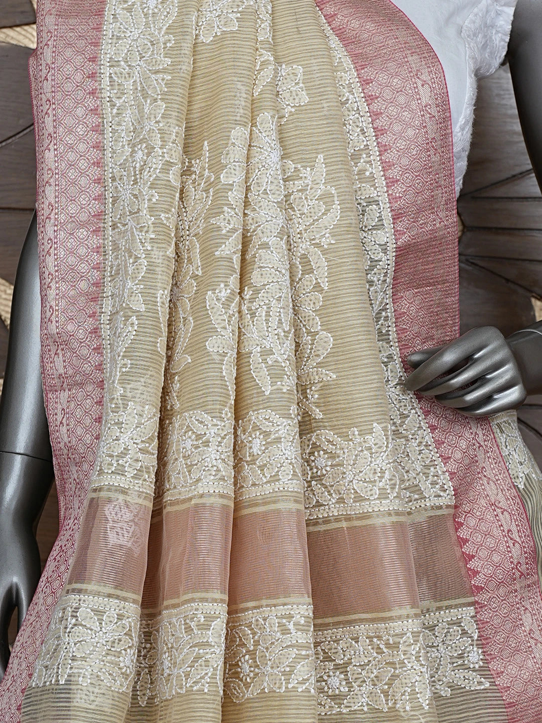 Ada Hand Embroidered Fawn Chanderi Lucknowi Chikankari Saree With Blouse 01A863229