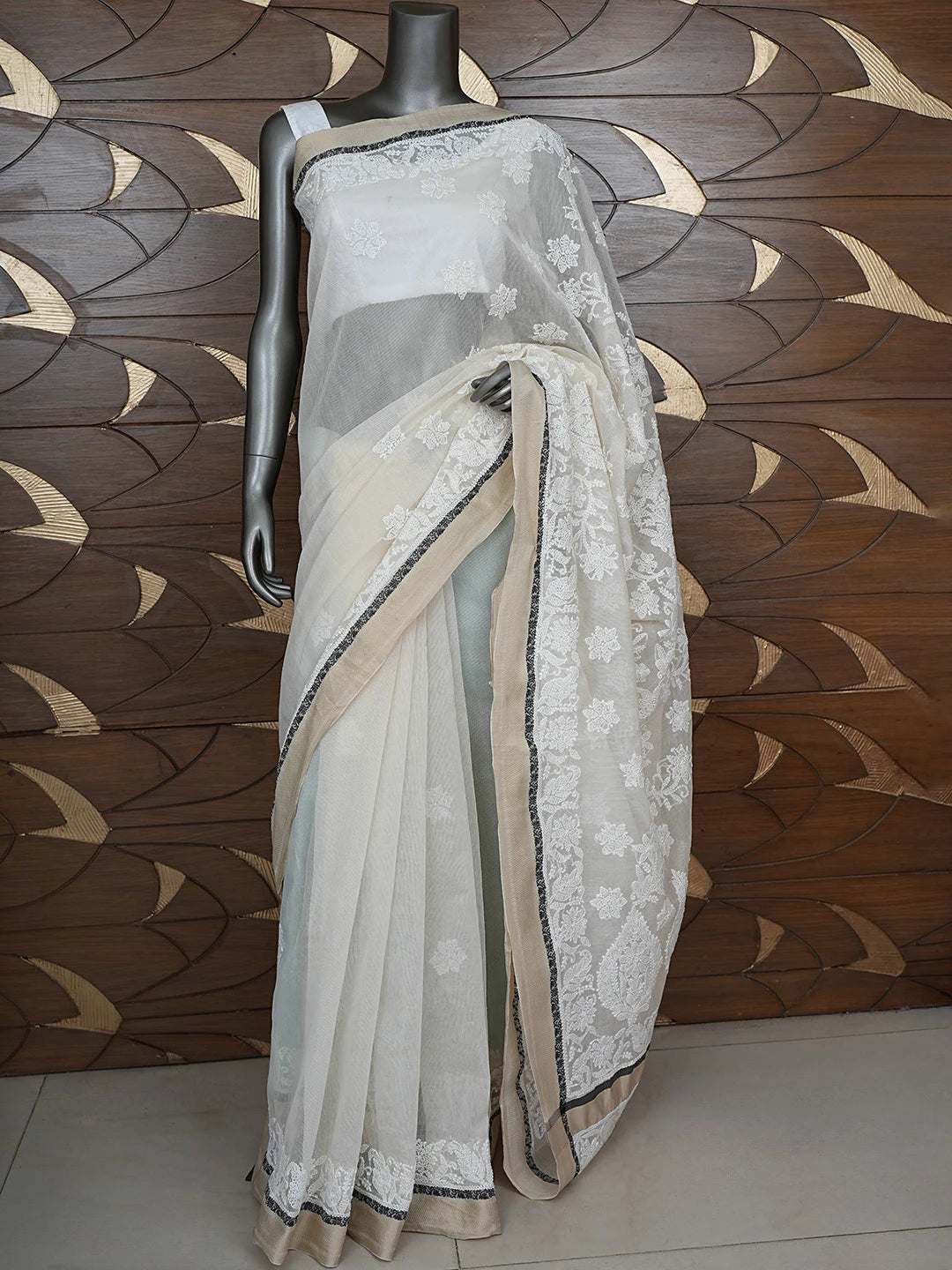 Ada Hand Embroidered Cream Chanderi Lucknowi Chikankari Saree With Blouse 01A863331